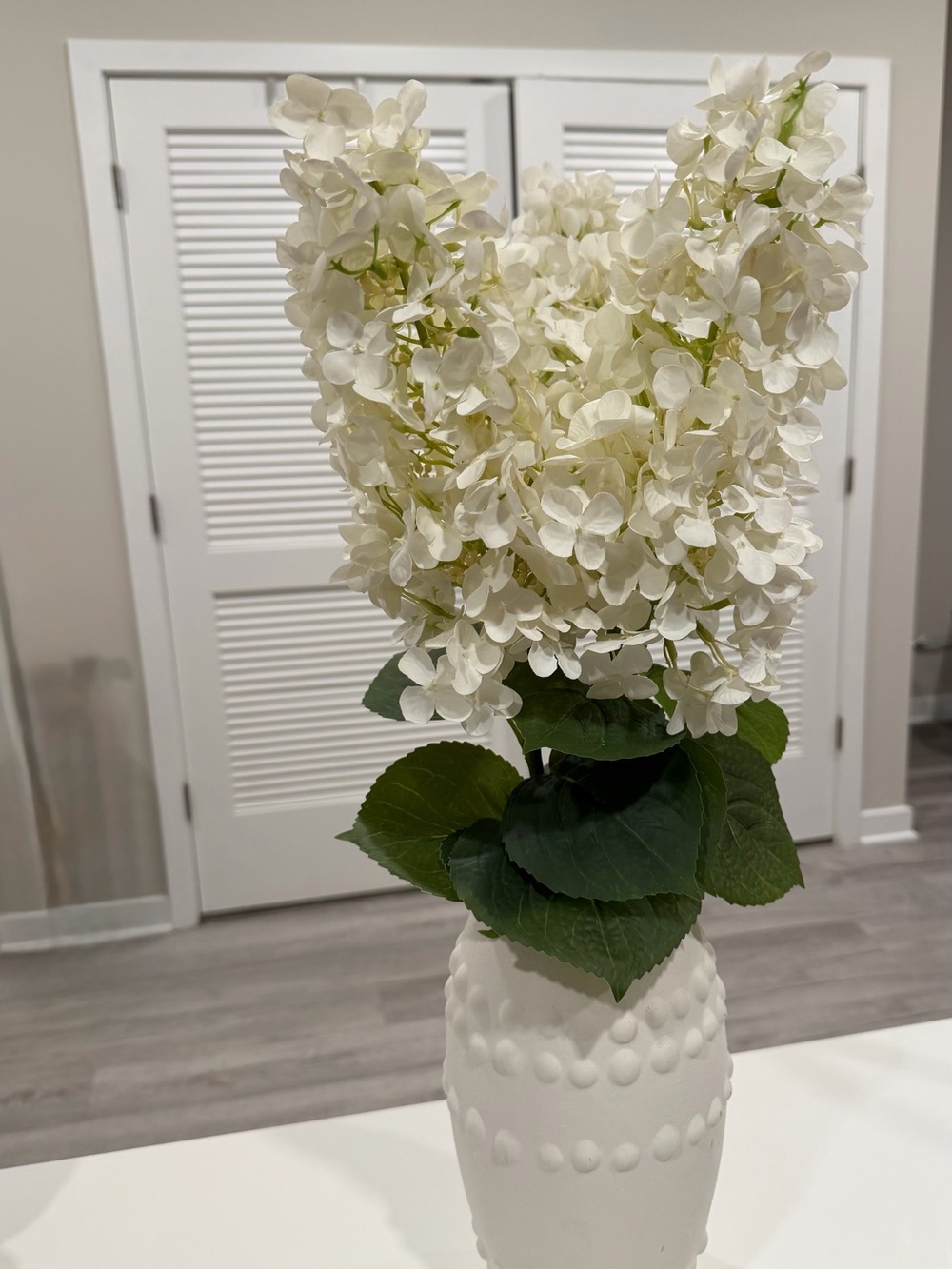 White Hydrangea Stem in White Decorative Vase - Brand Unknown